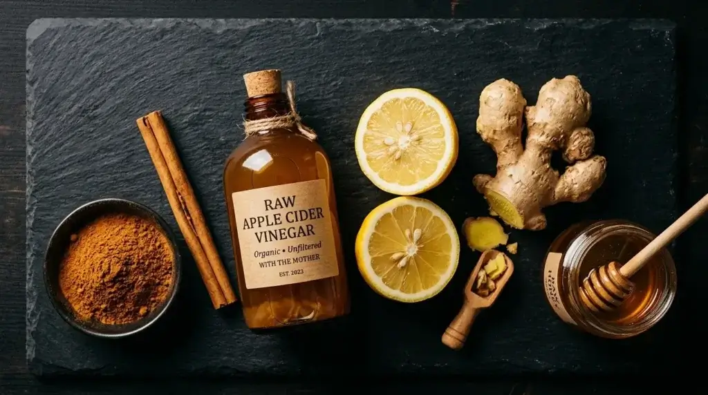 Ceylon cinnamon apple cider vinegar lemon blood sugar support ingredients flat lay