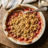 A golden-brown baked rhubarb crumble in a rustic baking dish