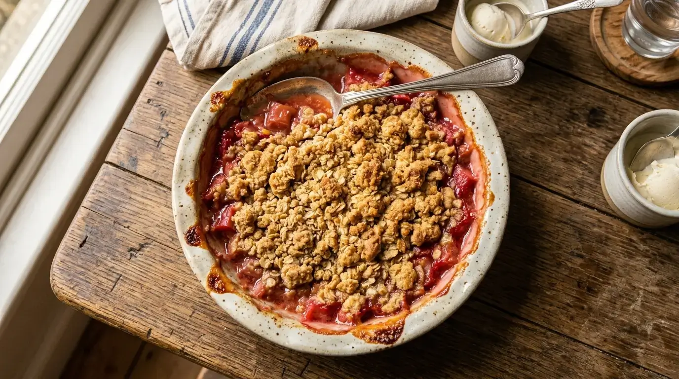 A golden-brown baked rhubarb crumble in a rustic baking dish