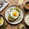 A savory breakfast spread with eggs, avocado, and cottage cheese dishes
