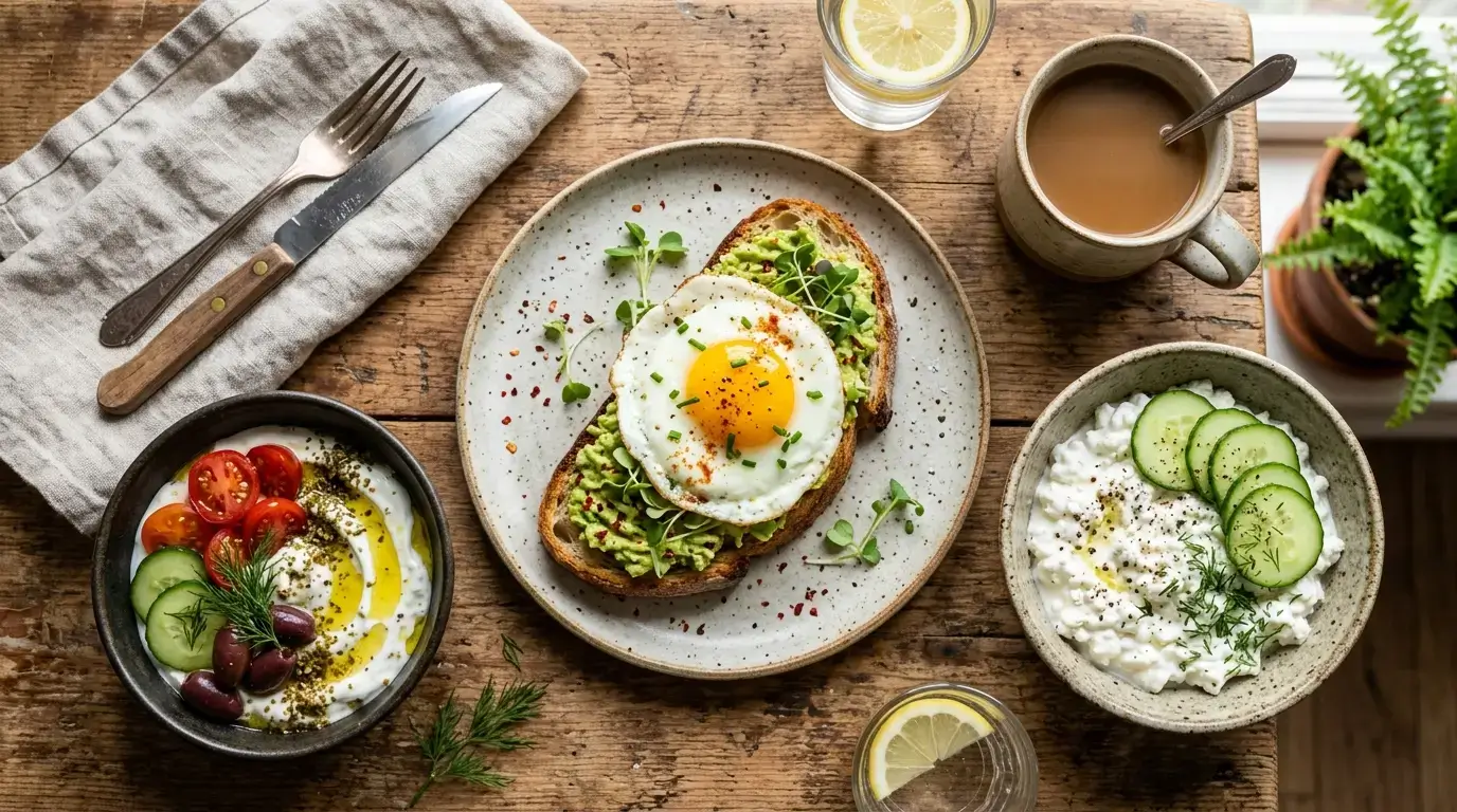 A savory breakfast spread with eggs, avocado, and cottage cheese dishes