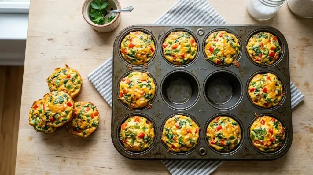 A muffin tin of baked egg muffins with vegetables, some removed and stacked nearby