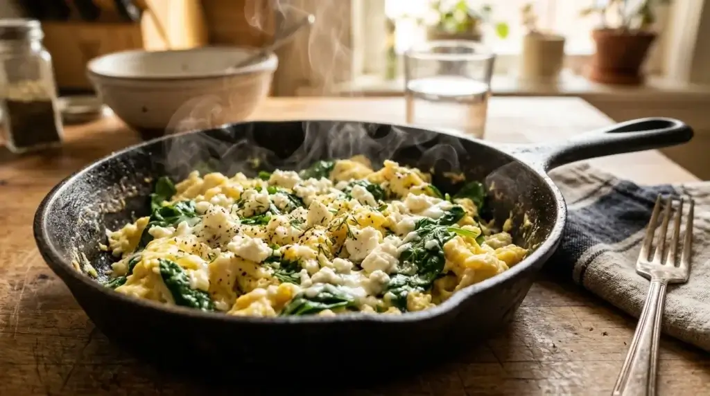 A skillet of egg and spinach scramble topped with crumbled feta