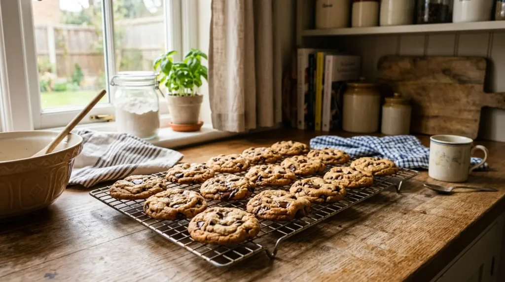 A batch of freshly baked cookies cooling on a rack