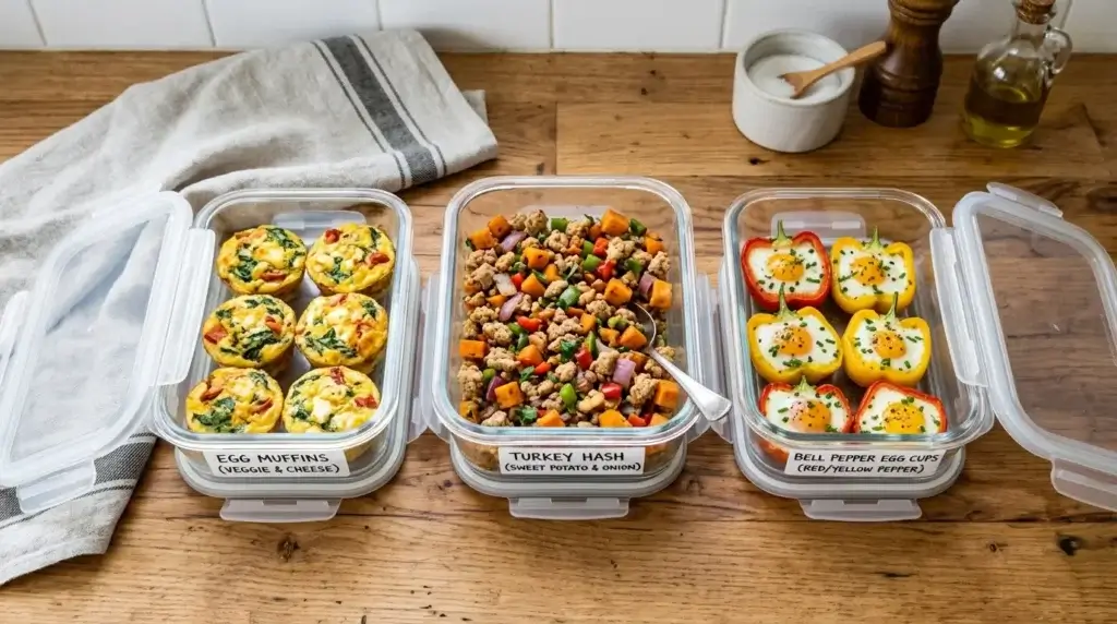 Glass meal-prep containers holding different savory breakfast dishes