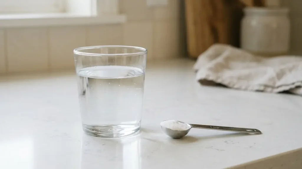 A glass of water with a measuring spoon of baking soda on a kitchen counter