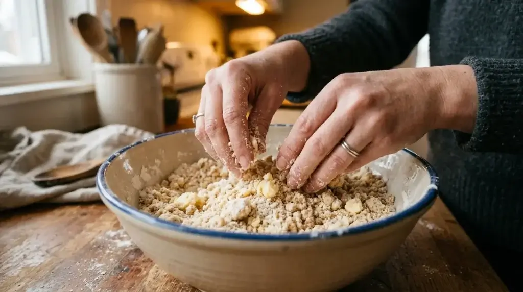 Hands rubbing butter into flour to create a coarse crumble topping