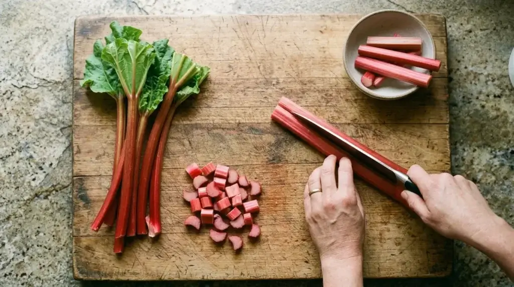 Fresh pink rhubarb stalks being chopped on a wooden cutting board