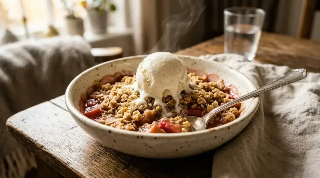 A bowl of warm rhubarb crumble topped with melting vanilla ice cream