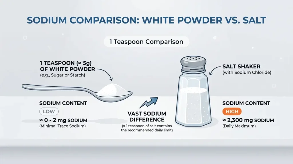 A teaspoon of baking soda next to a salt shaker illustrating sodium content