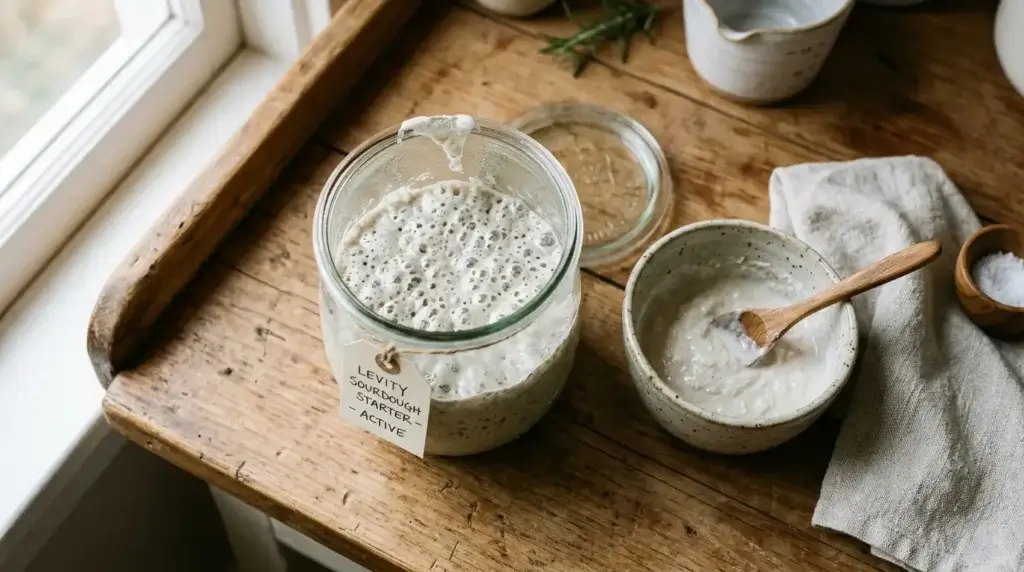 A bubbly active sourdough starter in a glass jar
