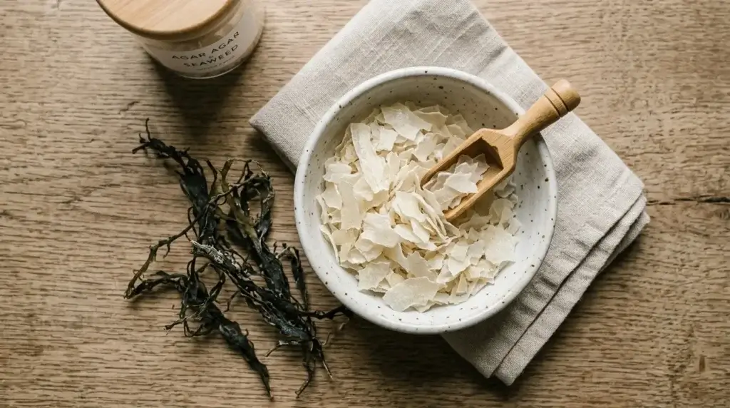 Dried agar-agar flakes in a bowl next to dried seaweed