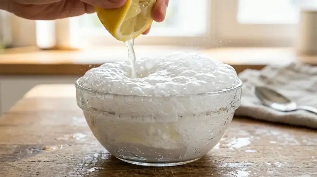 Baking soda fizzing and bubbling as lemon juice is poured over it