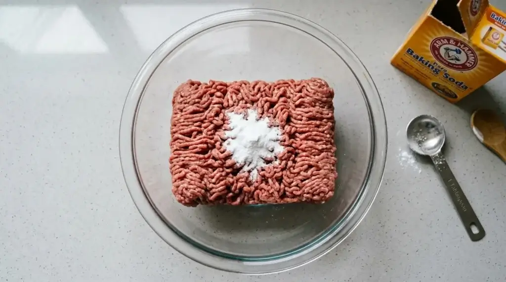 Raw ground beef in a bowl with baking soda sprinkled on top and a measuring spoon nearby