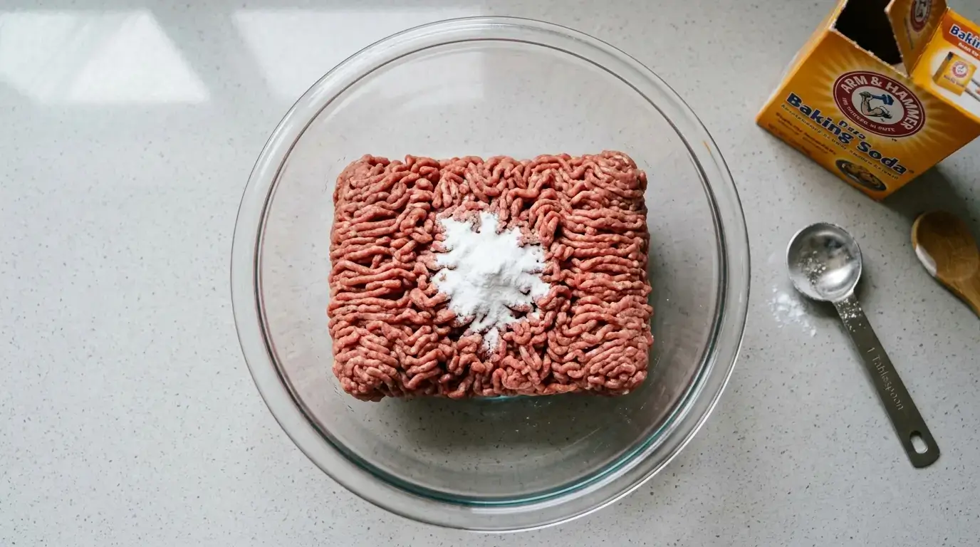 Raw ground beef in a bowl with baking soda sprinkled on top and a measuring spoon nearby
