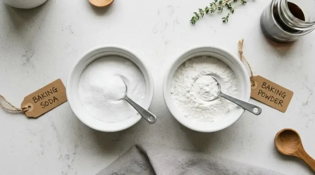 Two bowls of white powder side by side, labeled baking soda and baking powder