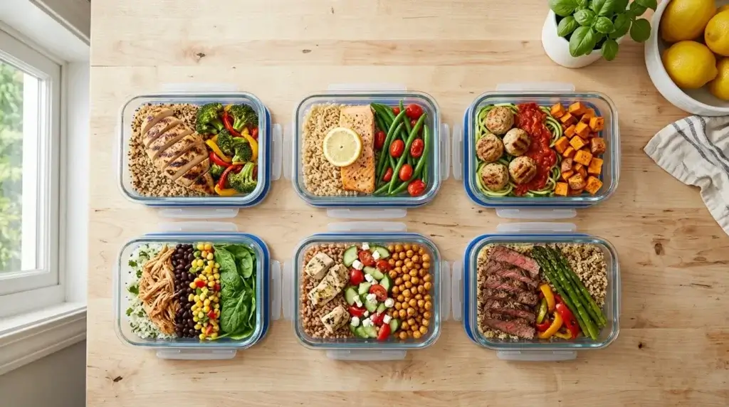 Glass meal-prep containers filled with lean protein and vegetables