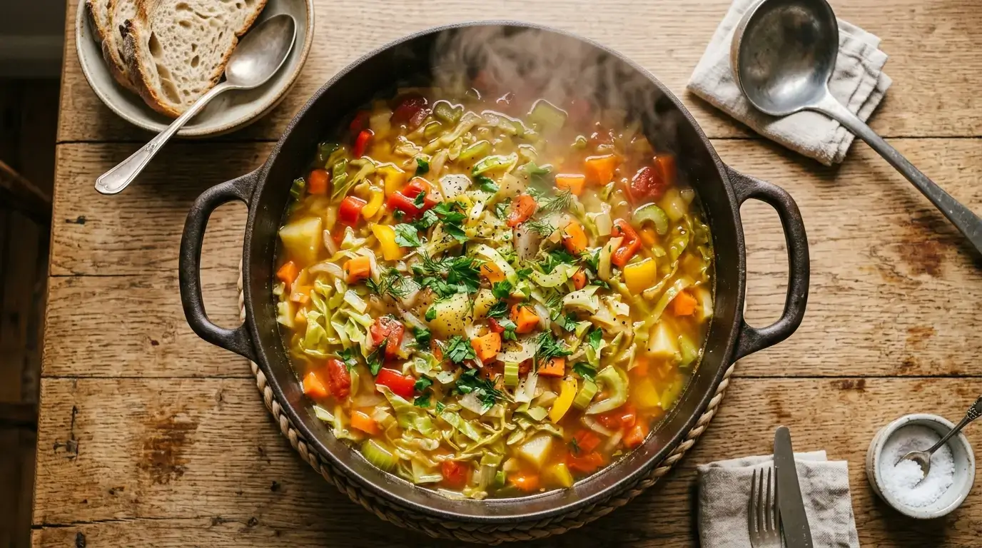 cabbage soup diet recipe in large pot with colorful vegetables and broth