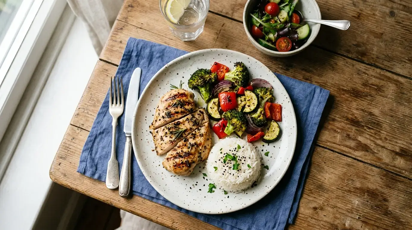 A balanced home-cooked plate with grilled chicken and roasted vegetables