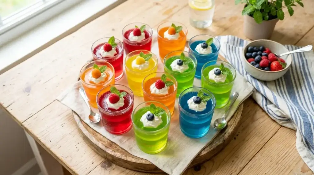 Colorful jello dessert cups arranged on a table