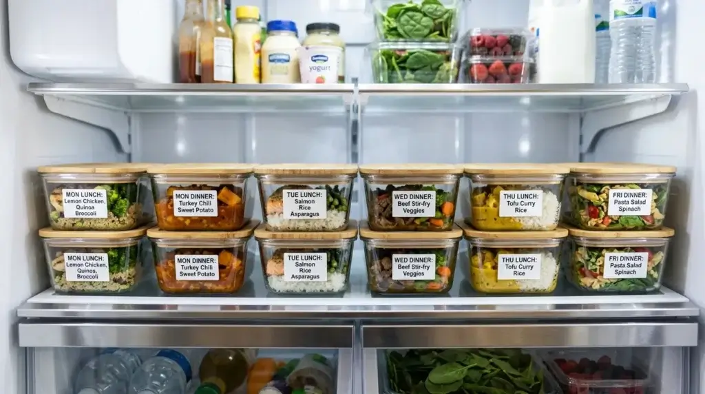 Several labeled glass meal-prep containers lined up in a refrigerator