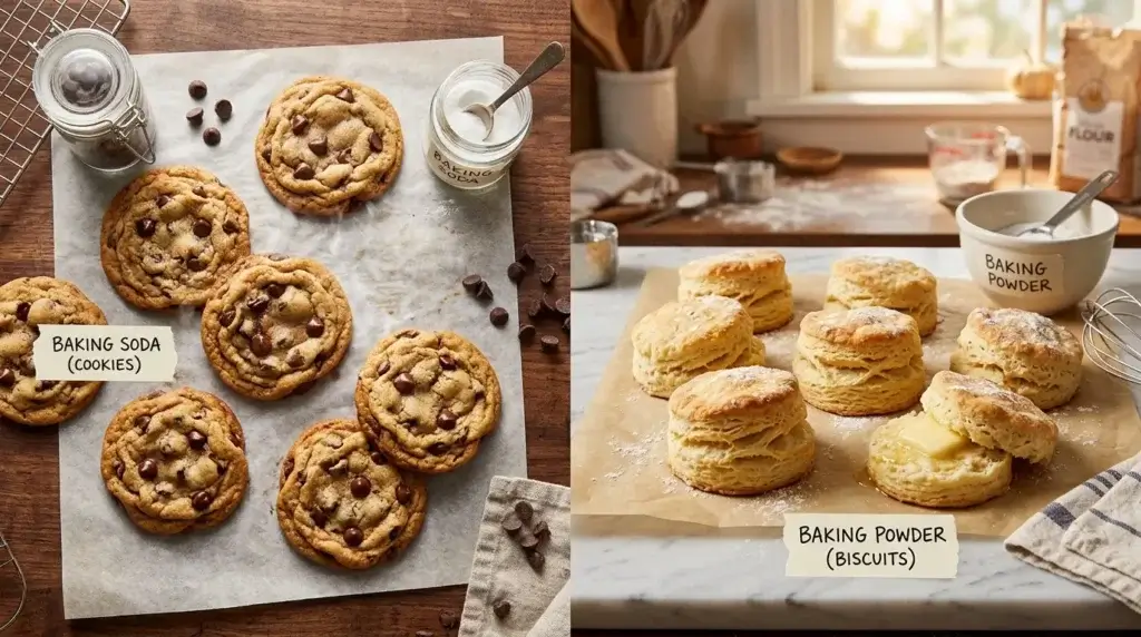 Chocolate chip cookies next to fluffy biscuits, representing different leavening agents