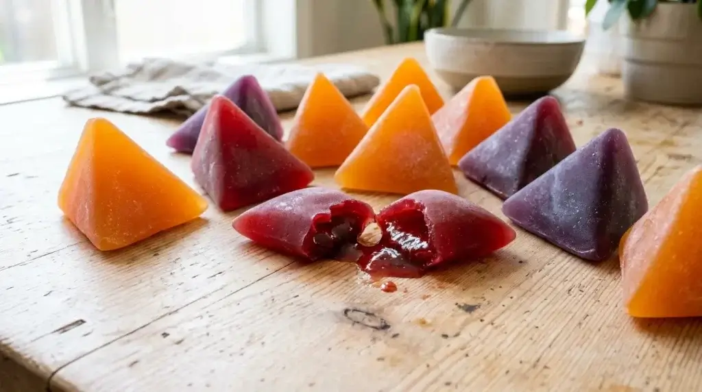 Colorful triangular fruit snacks with one bitten open showing the liquid center