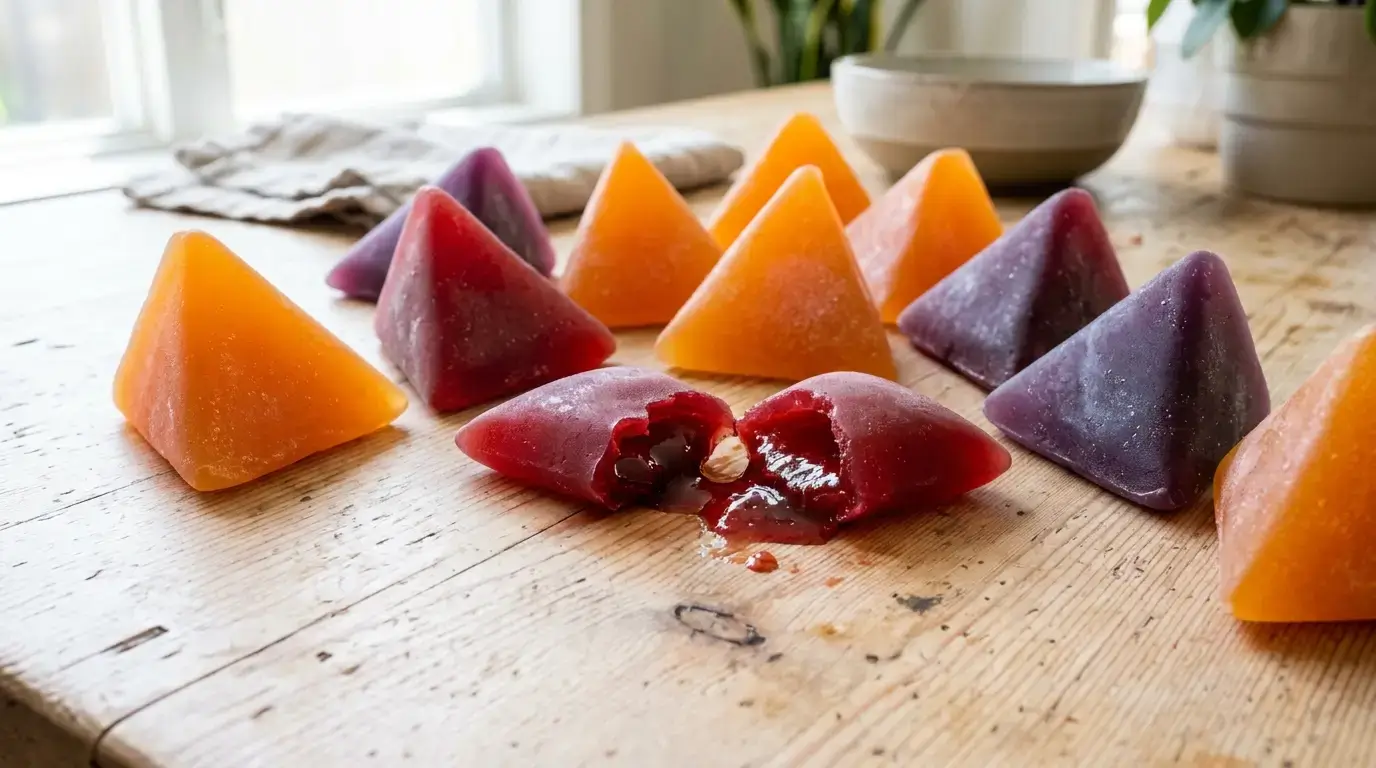 Colorful triangular fruit snacks with one bitten open showing the liquid center