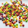 Colorful Skittles candy spilled across a white surface