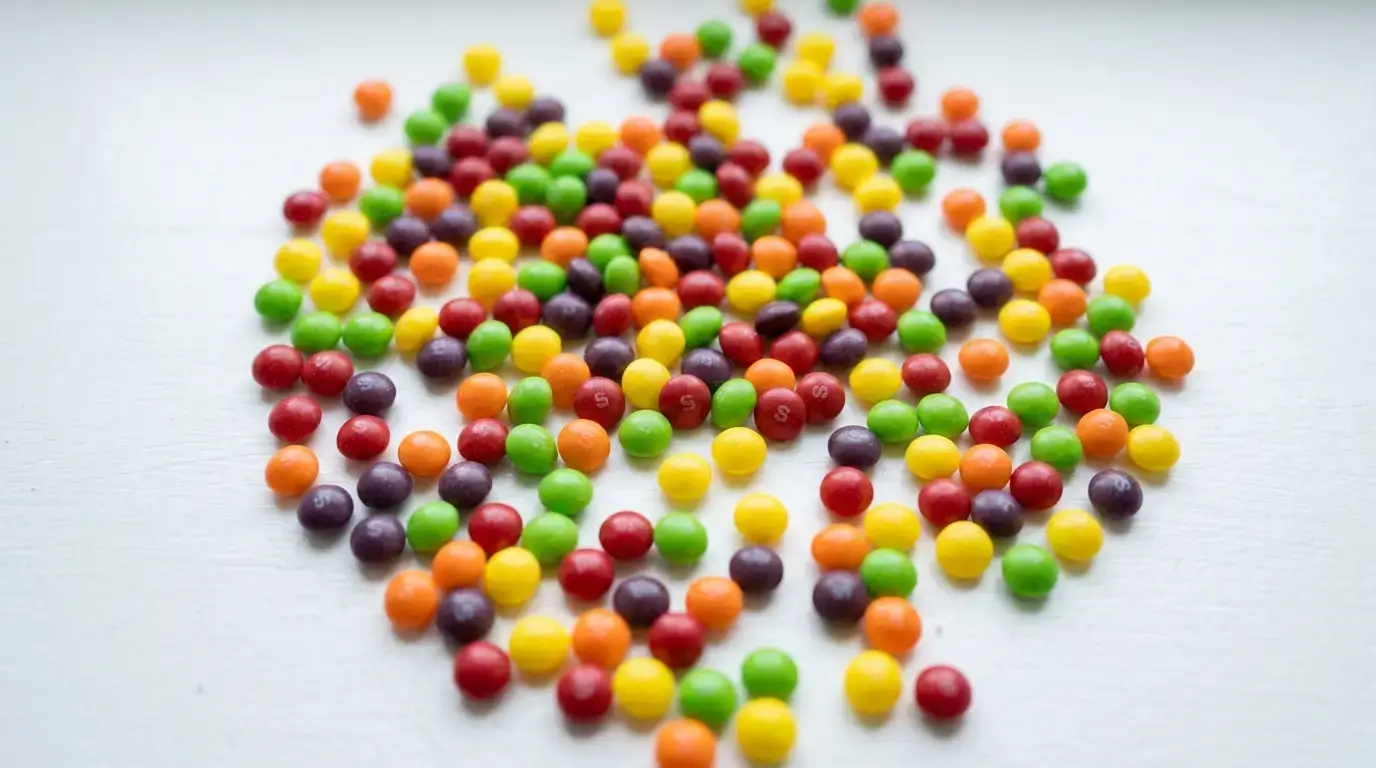 Colorful Skittles candy spilled across a white surface