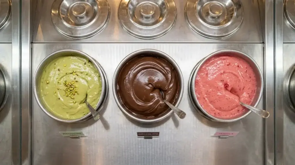Colorful gelato flavors in metal display tubs at an Italian gelateria