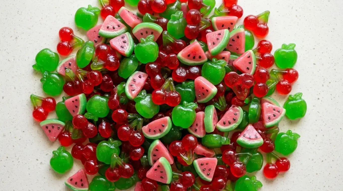 Colorful fruit-shaped gummy candies in a pile on a light countertop