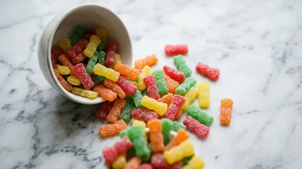 Sour Patch Kids candy in assorted colors spilled on a white surface