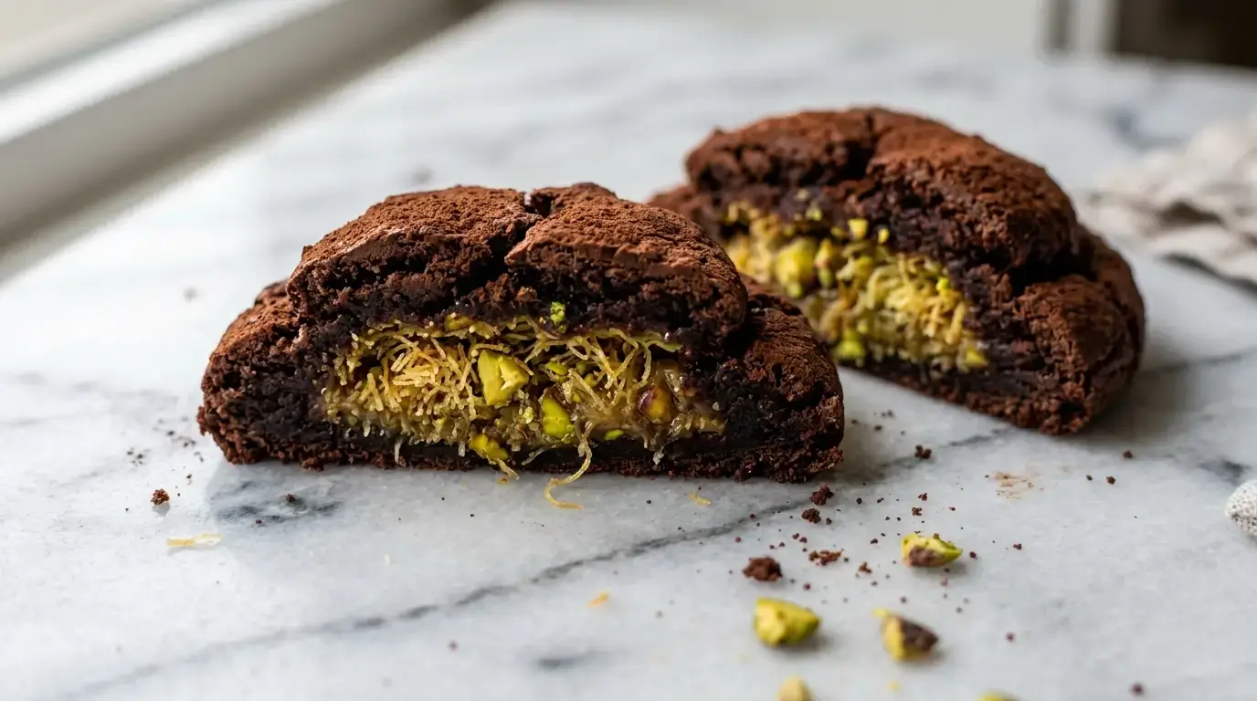 A chewy chocolate cookie cut in half showing golden pistachio kataifi filling