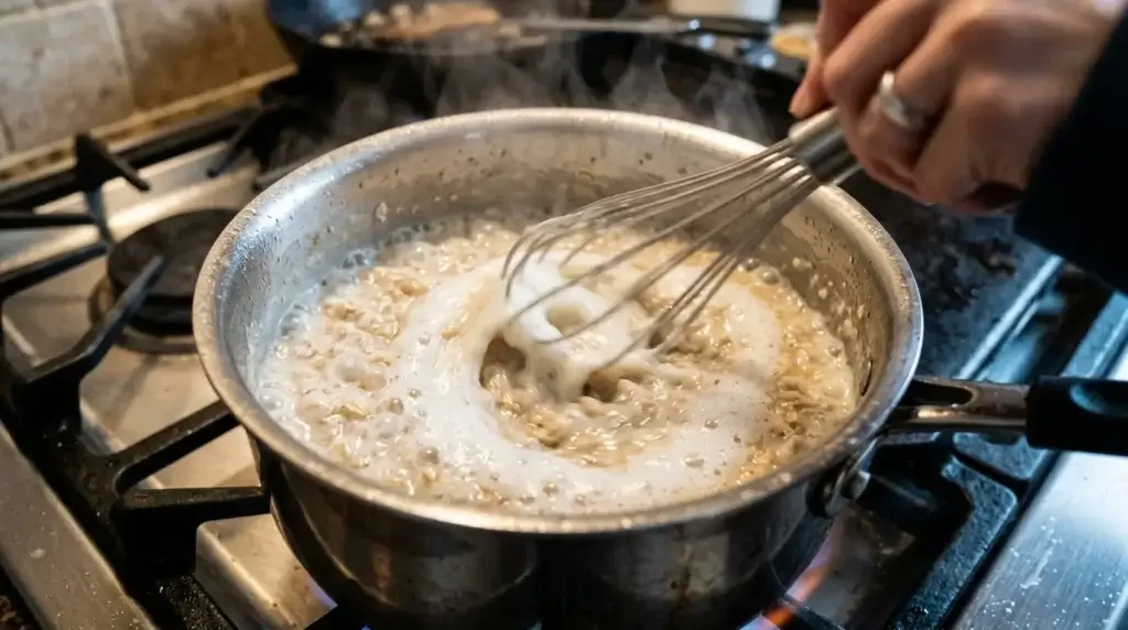 Egg whites being whisked into a simmering pot of oatmeal