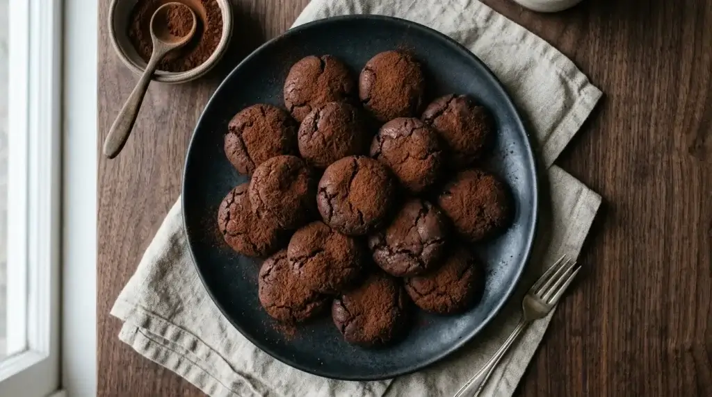 Finished cocoa-dusted chewy cookies arranged on a plate