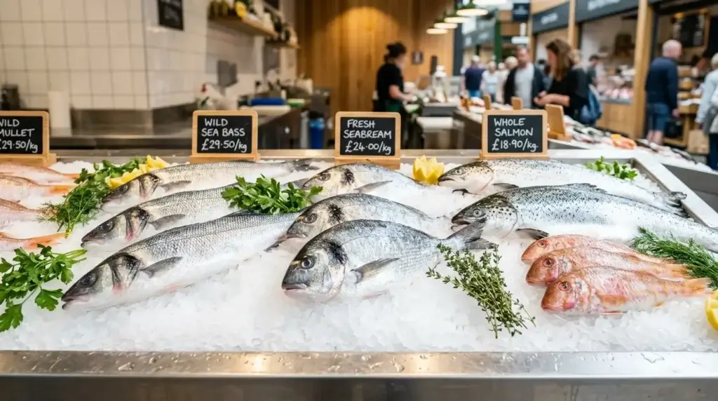 Fresh whole fish displayed on ice at a market