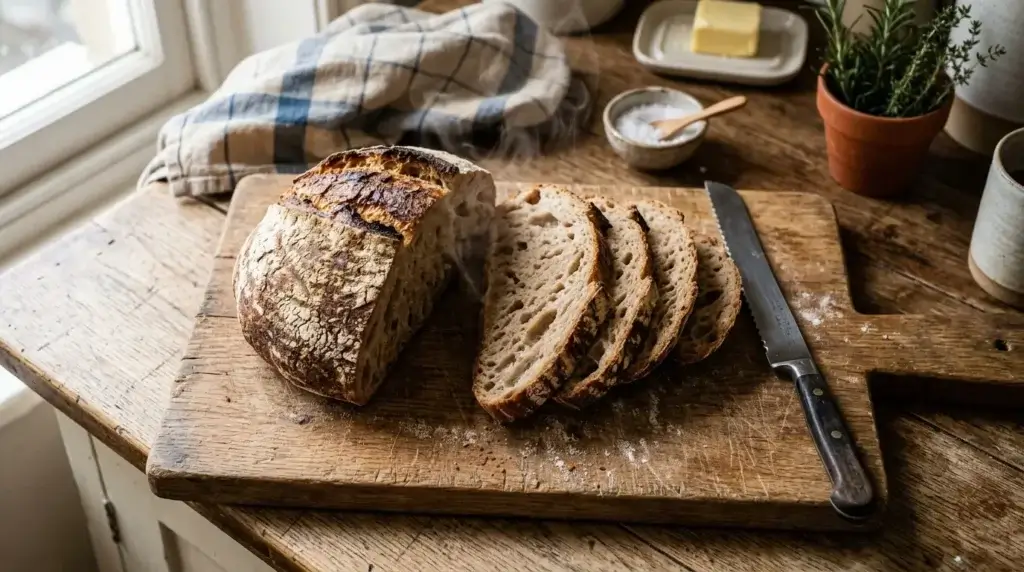 A freshly baked sourdough loaf sliced on a cutting board