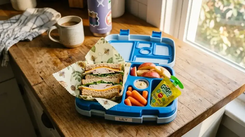A kids lunchbox with a sandwich, apple slices, and a fruit snack pouch