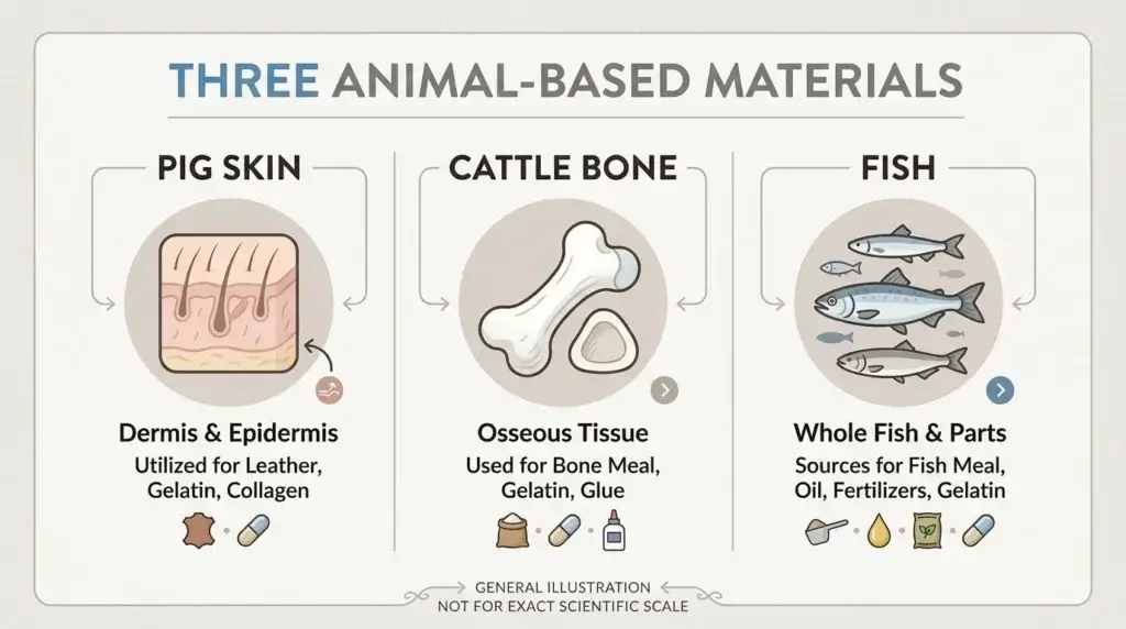 An illustration showing the main sources of gelatin: pig skin, cattle bone, and fish