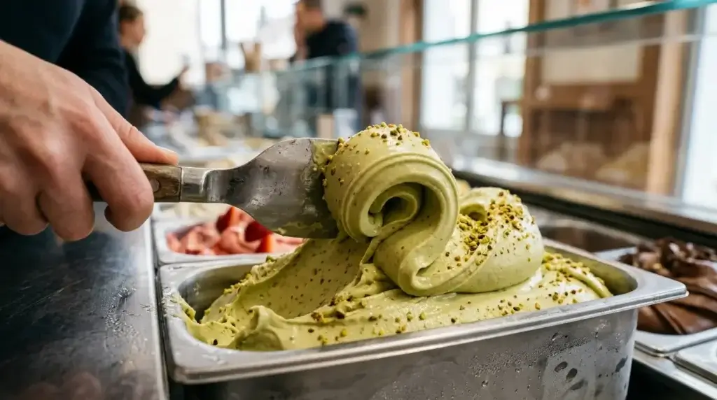 Gelato spade scooping a smooth curl of pistachio gelato