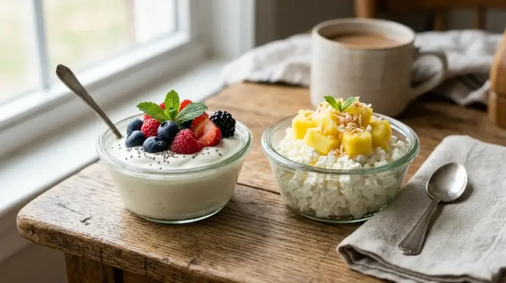 Greek yogurt with berries next to cottage cheese with pineapple