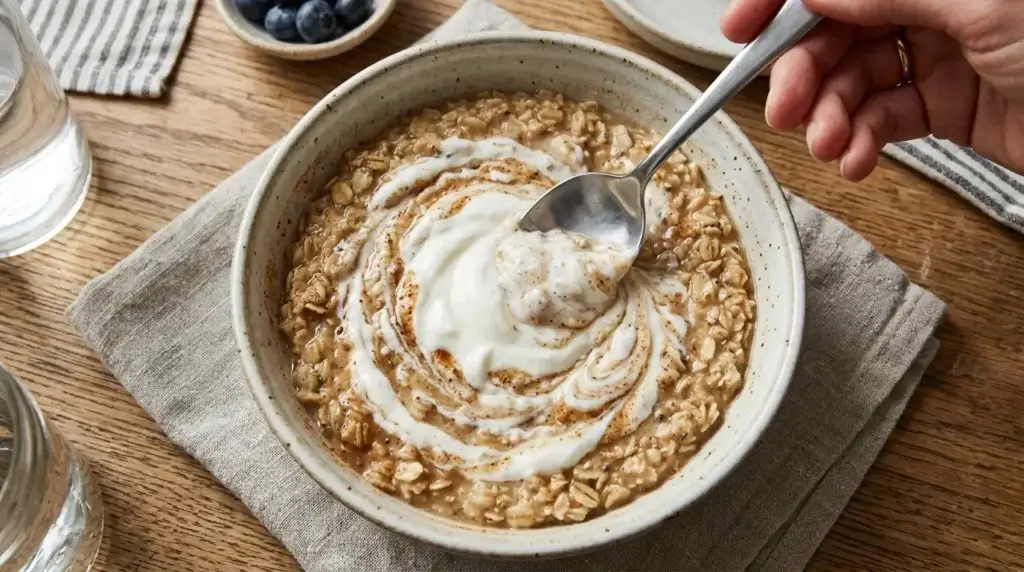 A spoon stirring Greek yogurt into a bowl of cooked oatmeal