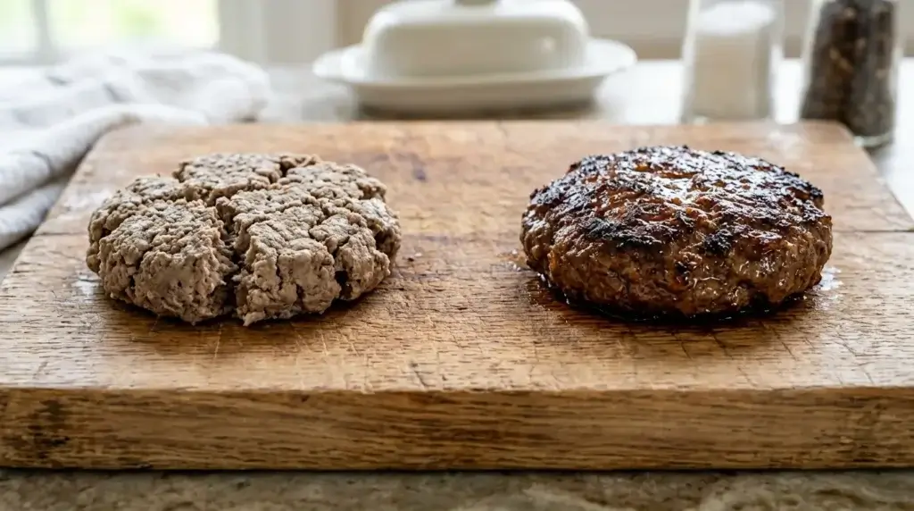 Side-by-side comparison of untreated versus baking soda treated cooked ground beef
