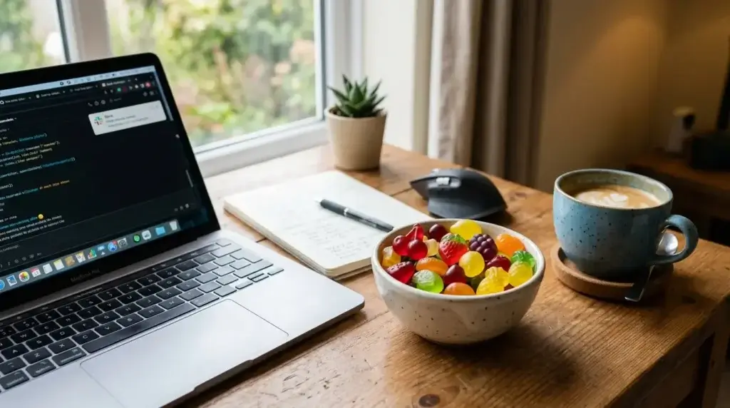 A bowl of fruit-shaped gummy candies next to a laptop and coffee cup