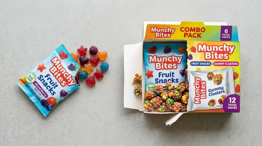 Standard fruit snack pouch next to a gummy clusters combo pack