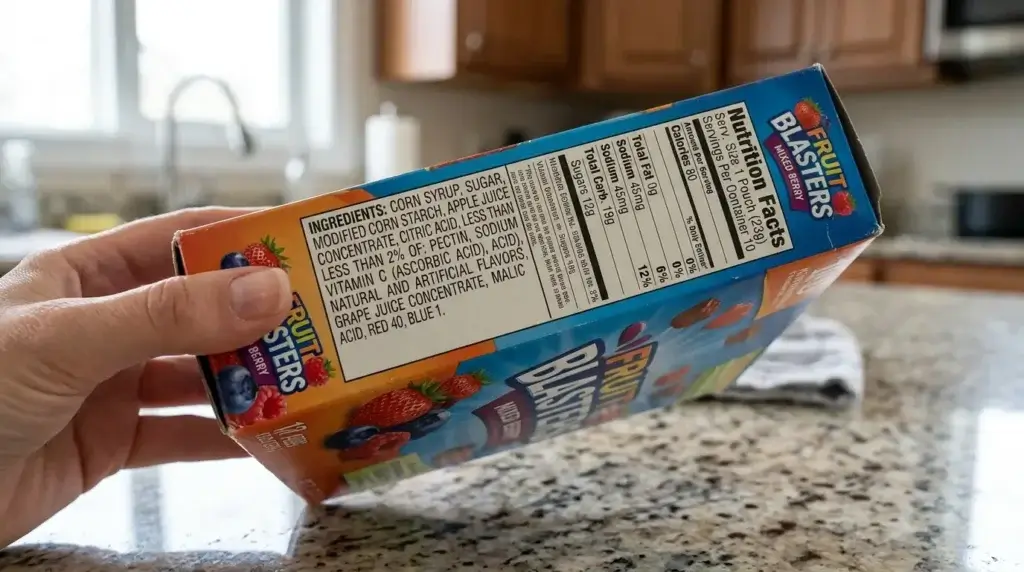 Close-up of a fruit snack box ingredient label listing corn starch and agar-agar