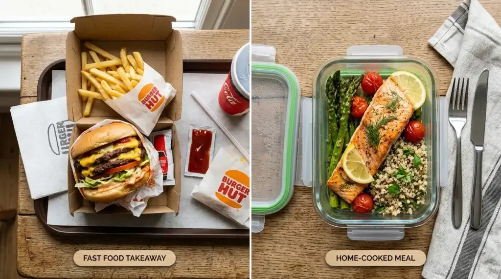 A takeaway container next to a home-cooked meal in a glass container