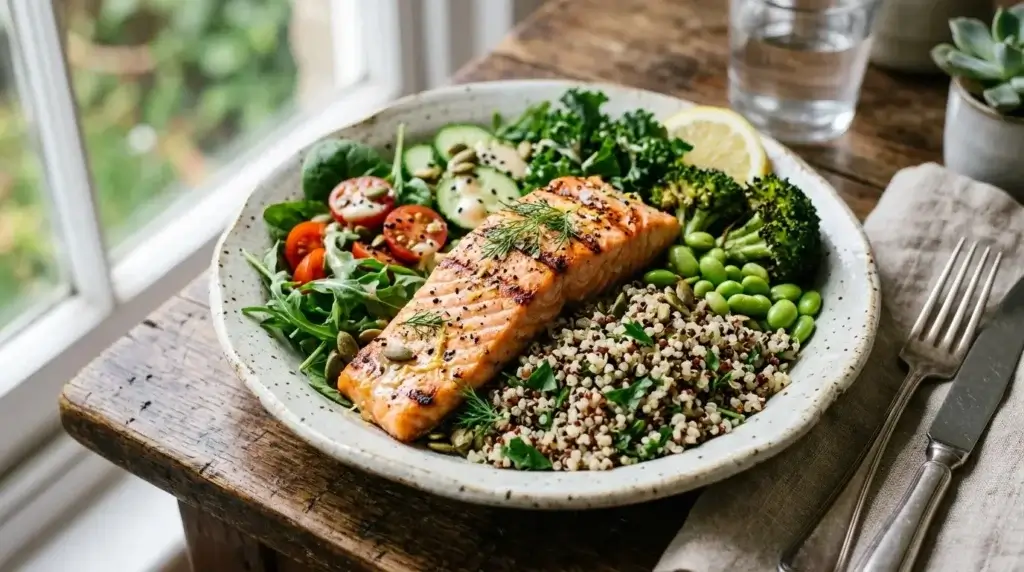 A high protein bowl with grilled salmon, quinoa, and greens