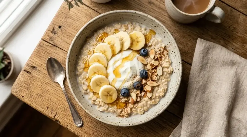 A bowl of creamy high protein oatmeal topped with Greek yogurt and banana